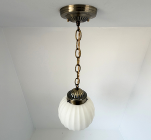 Antique Brass Satin Ribbed Globe Pendant