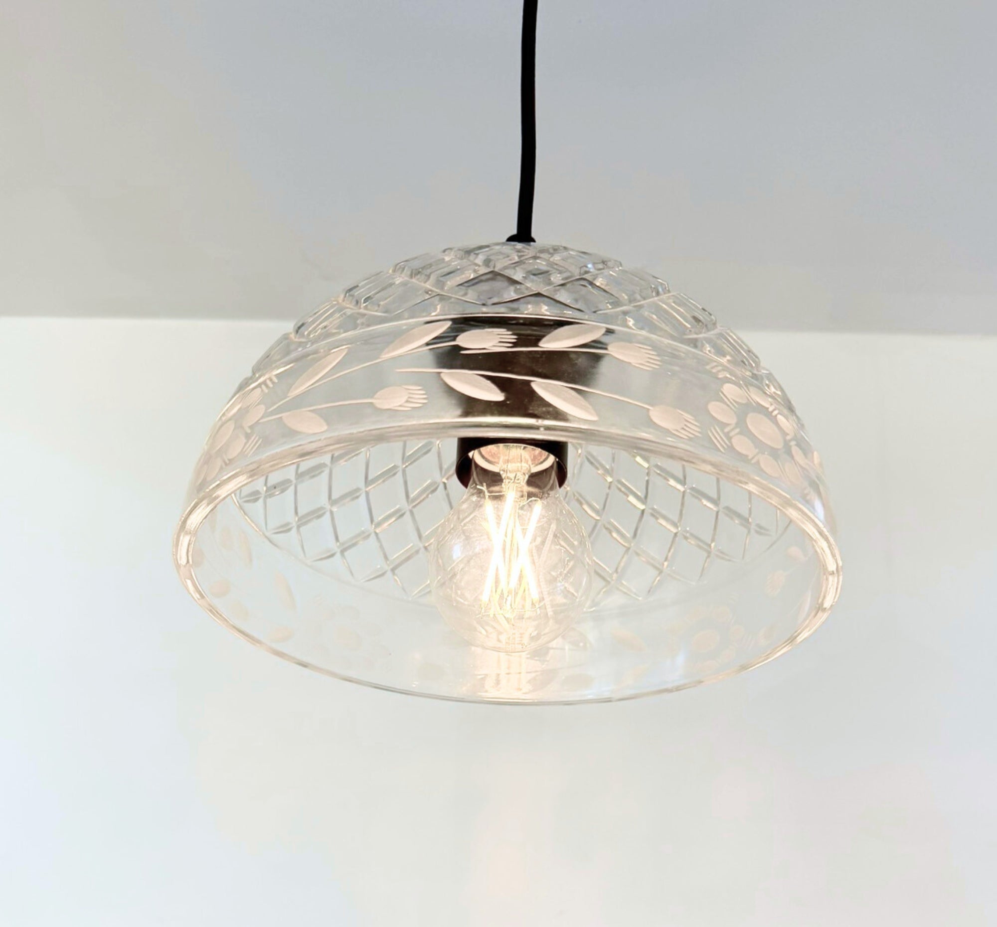 Vintage Floral Etched Crystal Pendant Light