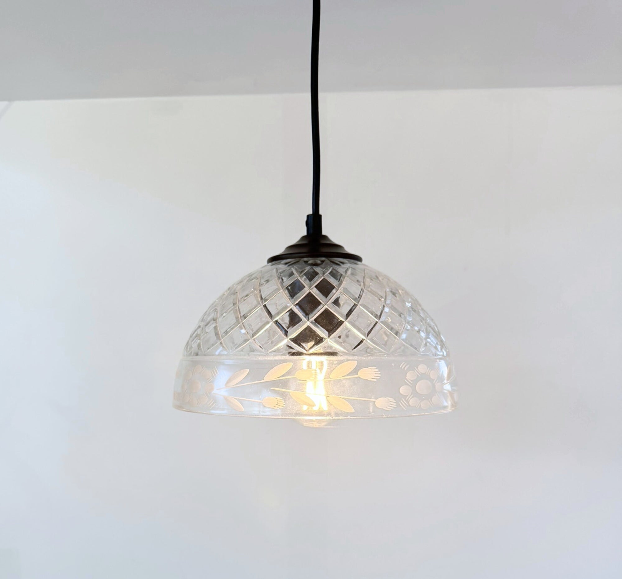 Vintage Floral Etched Crystal Pendant Light