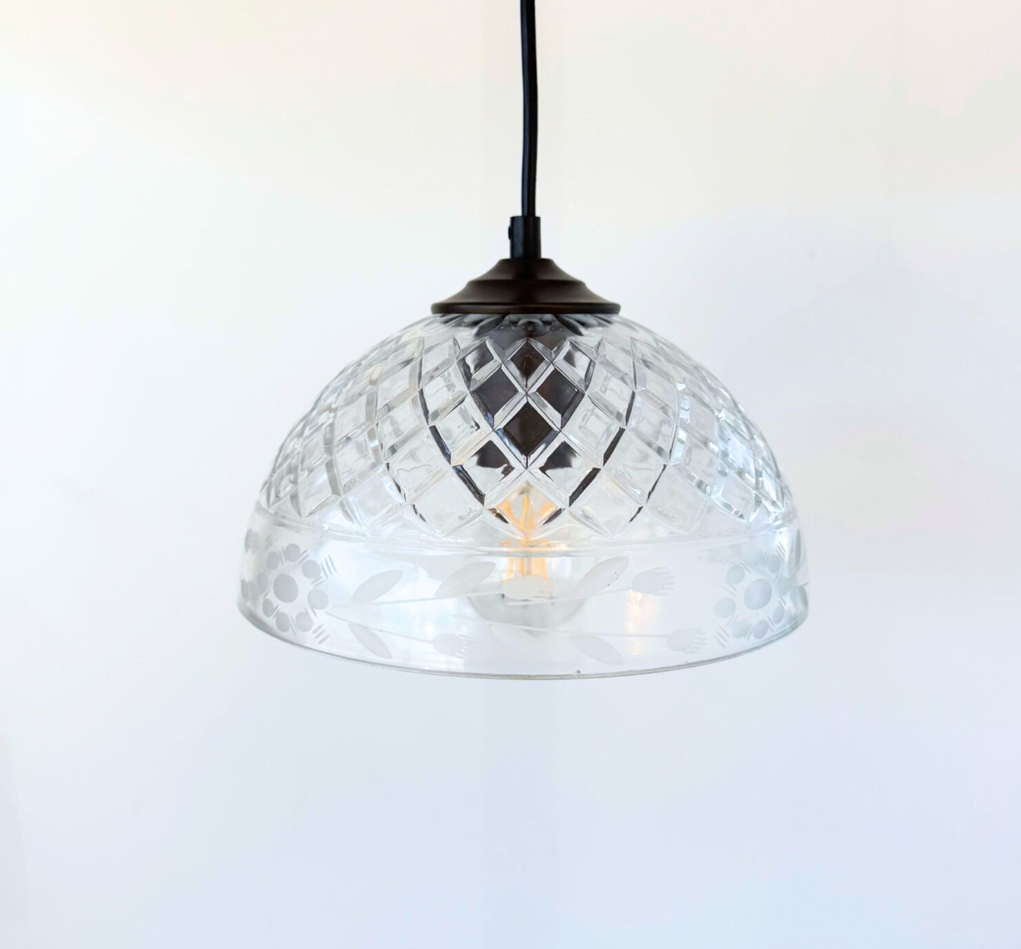 Vintage Floral Etched Crystal Pendant Light