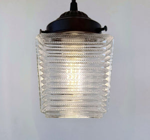 Vintage Ribbed Square Holophane Pendant Light