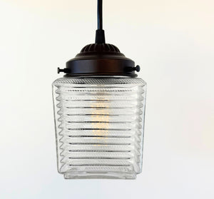 Vintage Ribbed Square Holophane Pendant Light