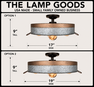 Modern Farmhouse Galvanized & Copper Tone Metal Flat Tub Ceiling Light Wood Accents