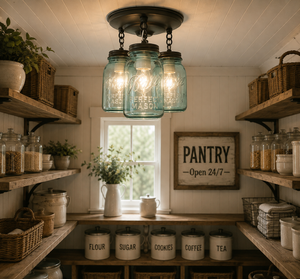 Vintage Blue Mason Jar Ceiling Lighting Fixture Chain Trio - The Lamp Goods