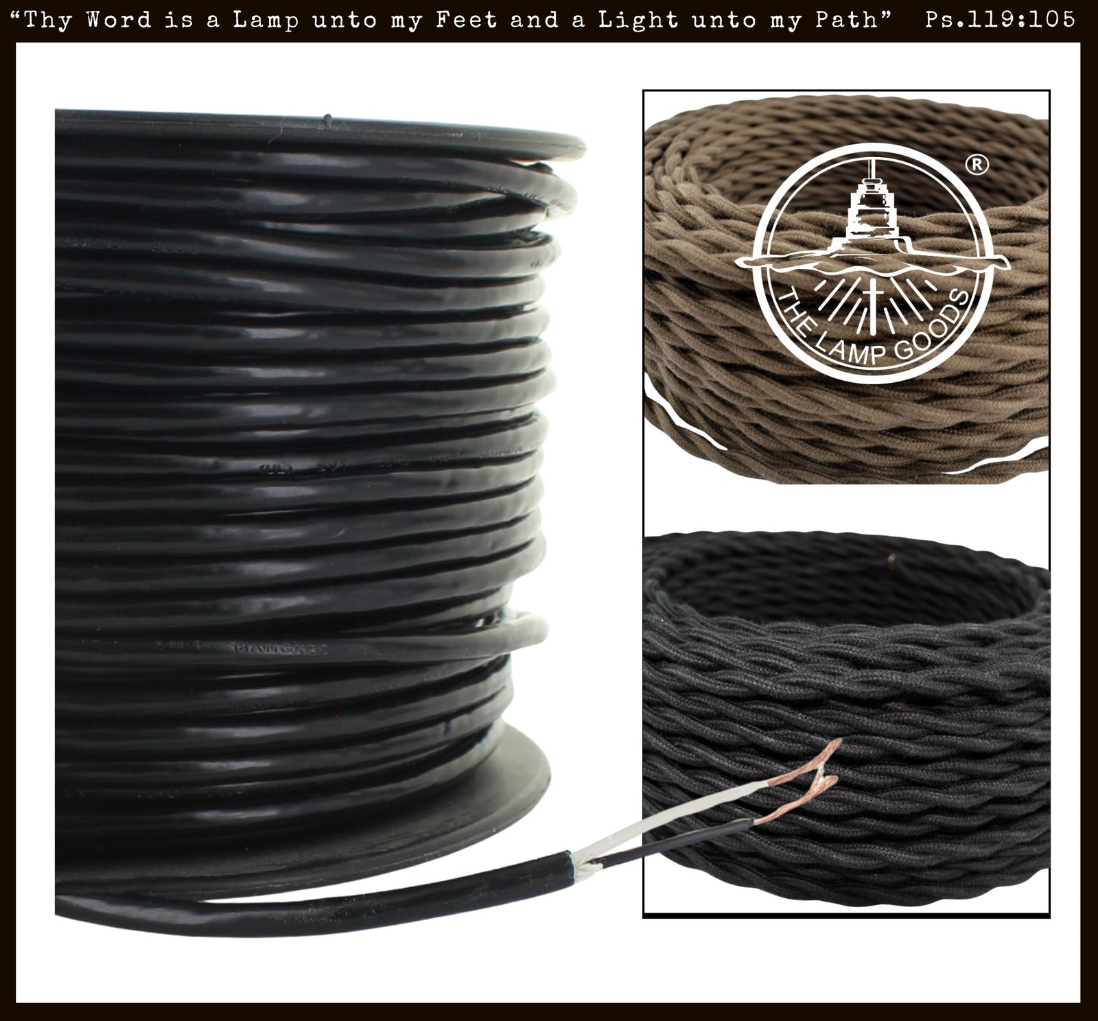 Black pendant light wire, sold by the foot, shown in spools.
