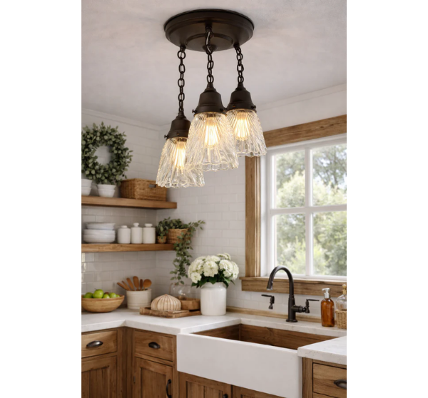 Antique Heavy Pressed Scallop Glass Ceiling Light Trio Rubbed Bronze