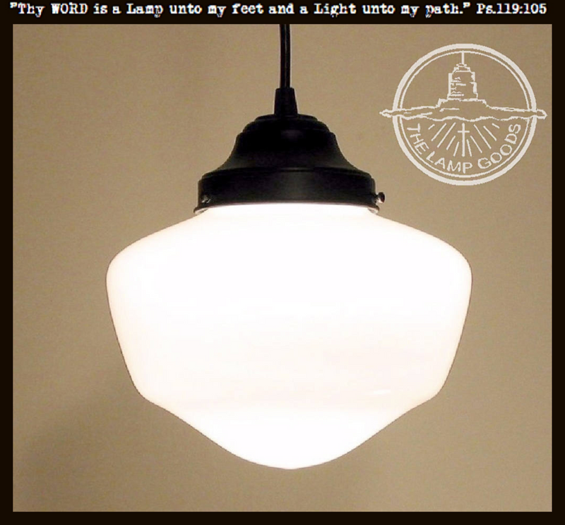 Classic Schoolhouse Milk Glass Pendant Light Fixture with black metal canopy
