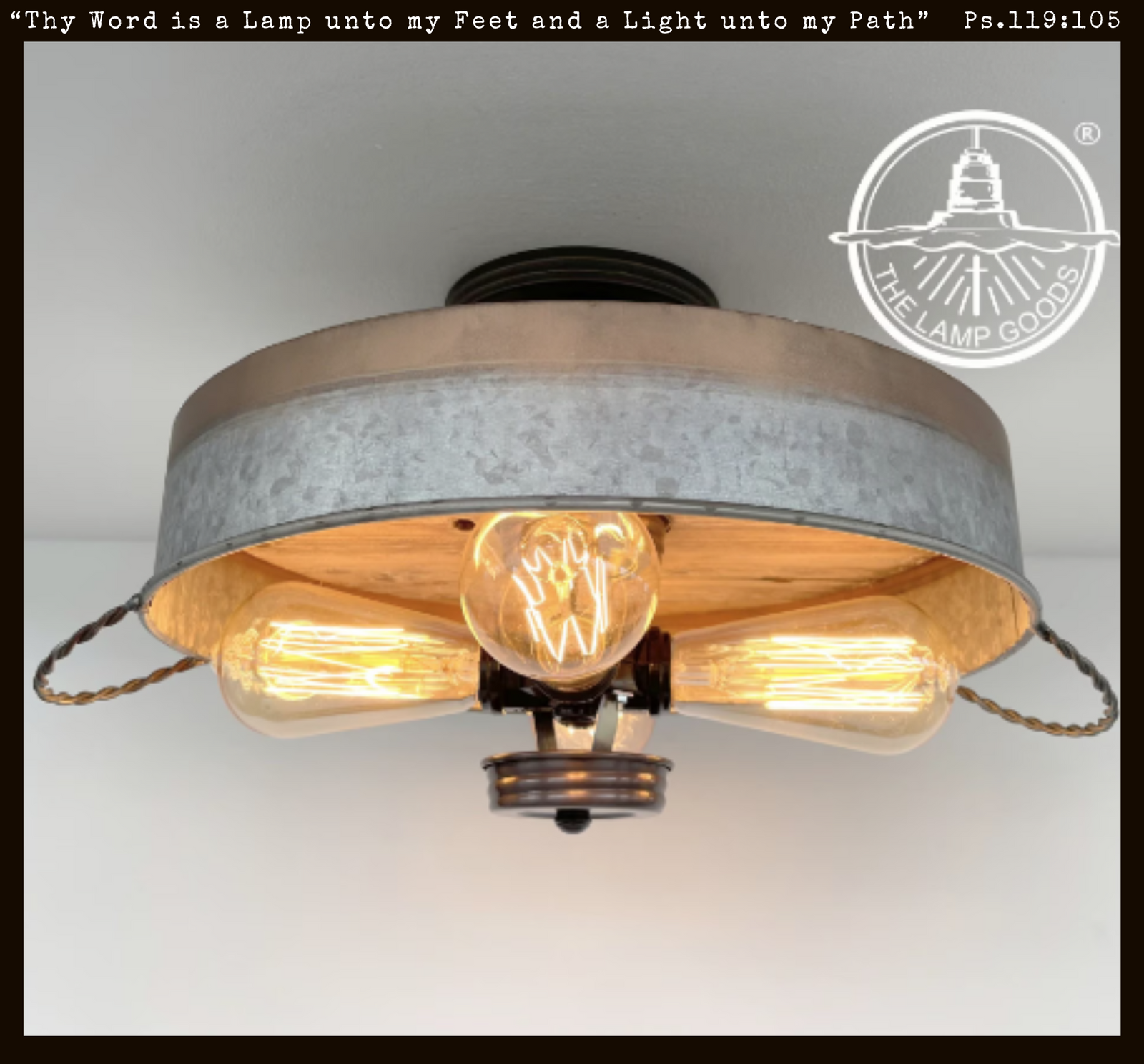 Modern Farmhouse Galvanized & Copper Metal Flat Tub Ceiling Light with Wood Accents
