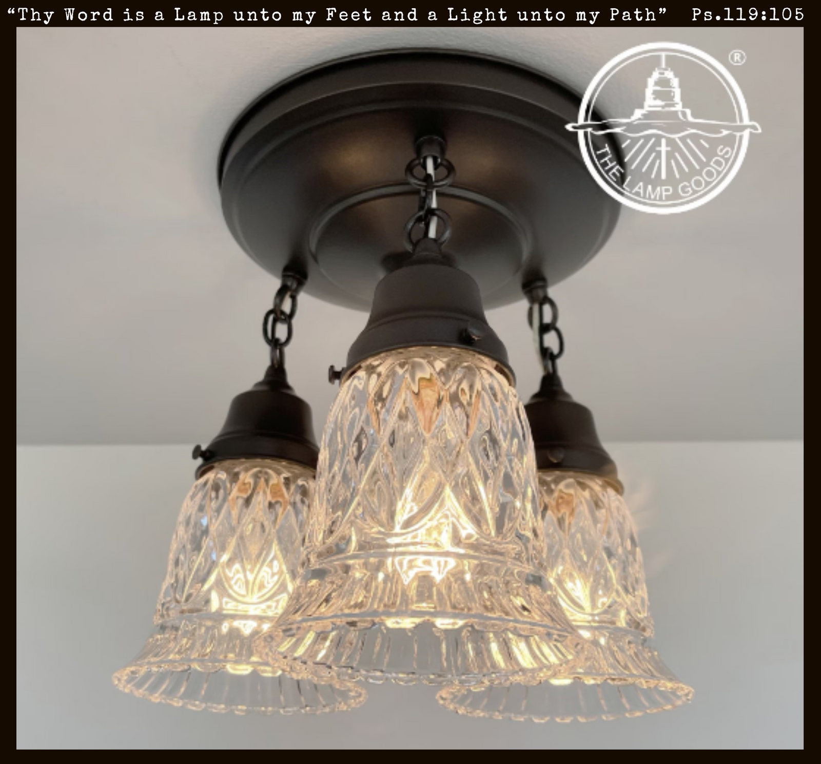 Antique pressed glass ceiling light fixture; trio with dark bronze finish & chain hanging.
