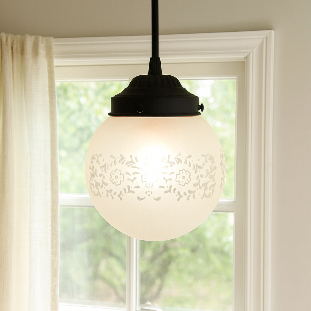 Frosted Floral and Cross Globe Pendant Light