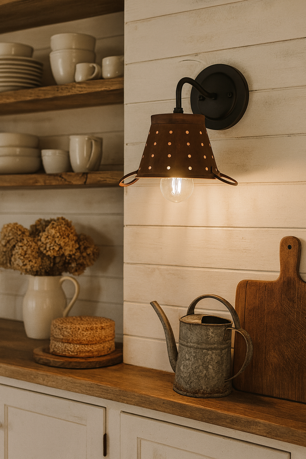 Rustic Copper Small Colander Farmhouse Wall Sconce