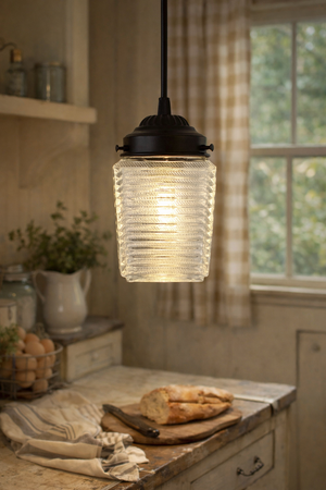 Vintage Ribbed Square Holophane Pendant Light