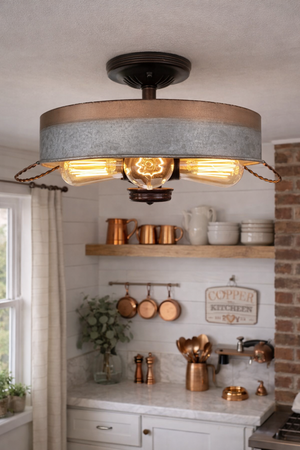 Modern Farmhouse Galvanized & Copper Tone Metal Flat Tub Ceiling Light Wood Accents