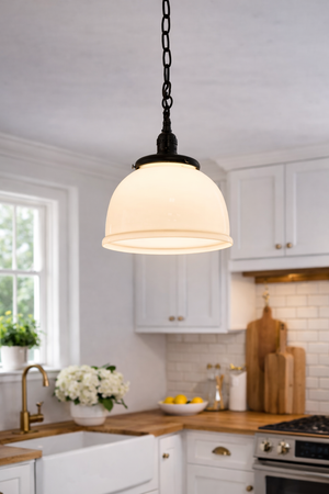 Vintage Milk Glass Schoolhouse Dome Pendant Light