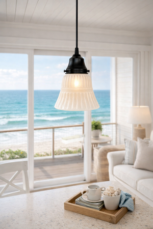 White Vintage Ribbed Glass Pendant Light