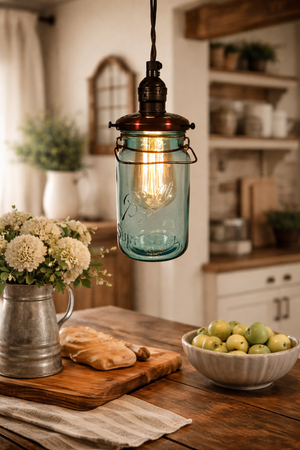 Vintage BLUE Mason Jar PENDANT Light with Exposed Socket - The Lamp Goods