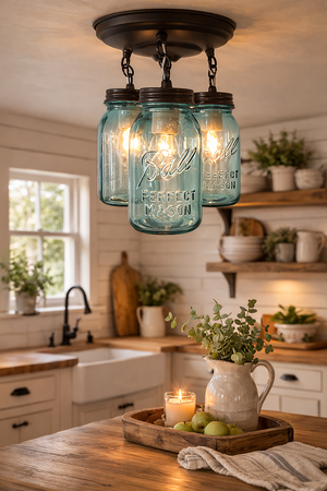 Vintage Blue Mason Jar Ceiling Lighting Fixture Chain Trio