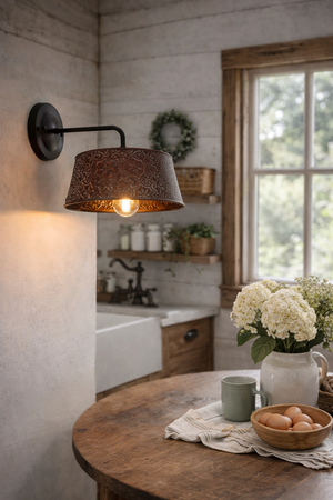 Ornate Copper Custom 90 Degree Arm Wall Sconce - The Lamp Goods