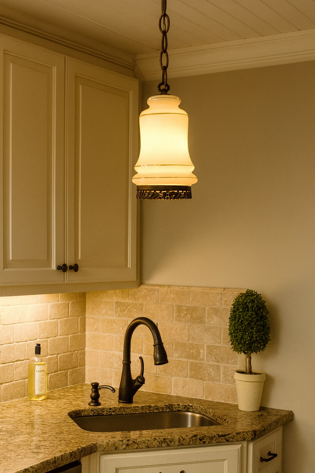 Vintage Milk Glass Gold-Banded Pendant Light with Filigree Base