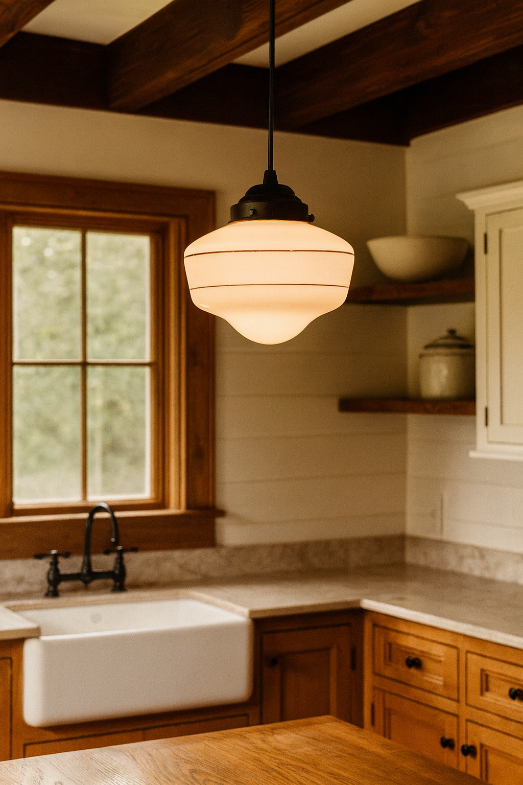 Vintage Gold Banded Schoolhouse Pendant