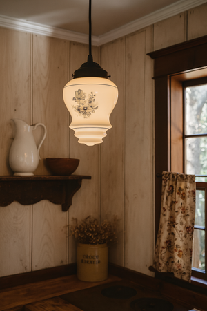 Vintage Blue Floral Milk Glass Pendant Light