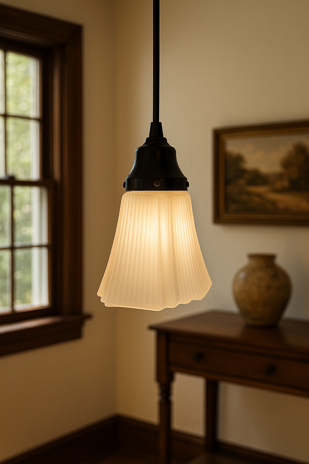 Frosted Ribbed Square Art Deco Pendant