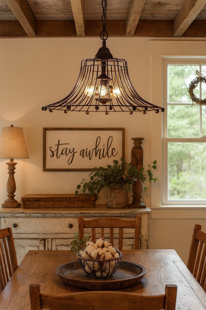 Vintage Rustic Farmhouse Wire Cage Bell Pendant Light
