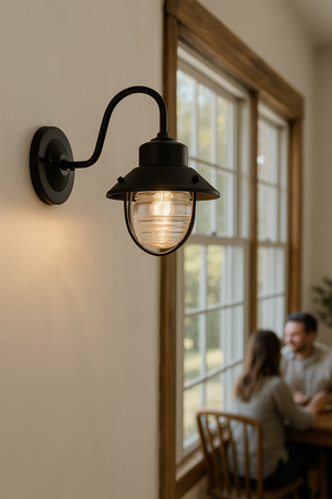 Vintage Black Lantern Wall Sconce with Ribbed Glass Globe