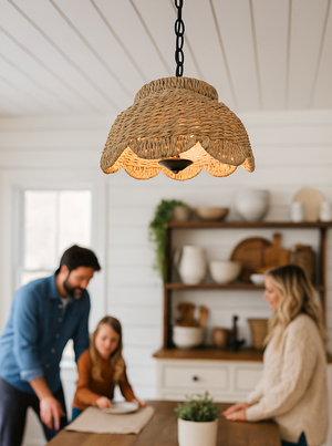 Farmhouse Scalloped Woven Rattan Light Fixture
