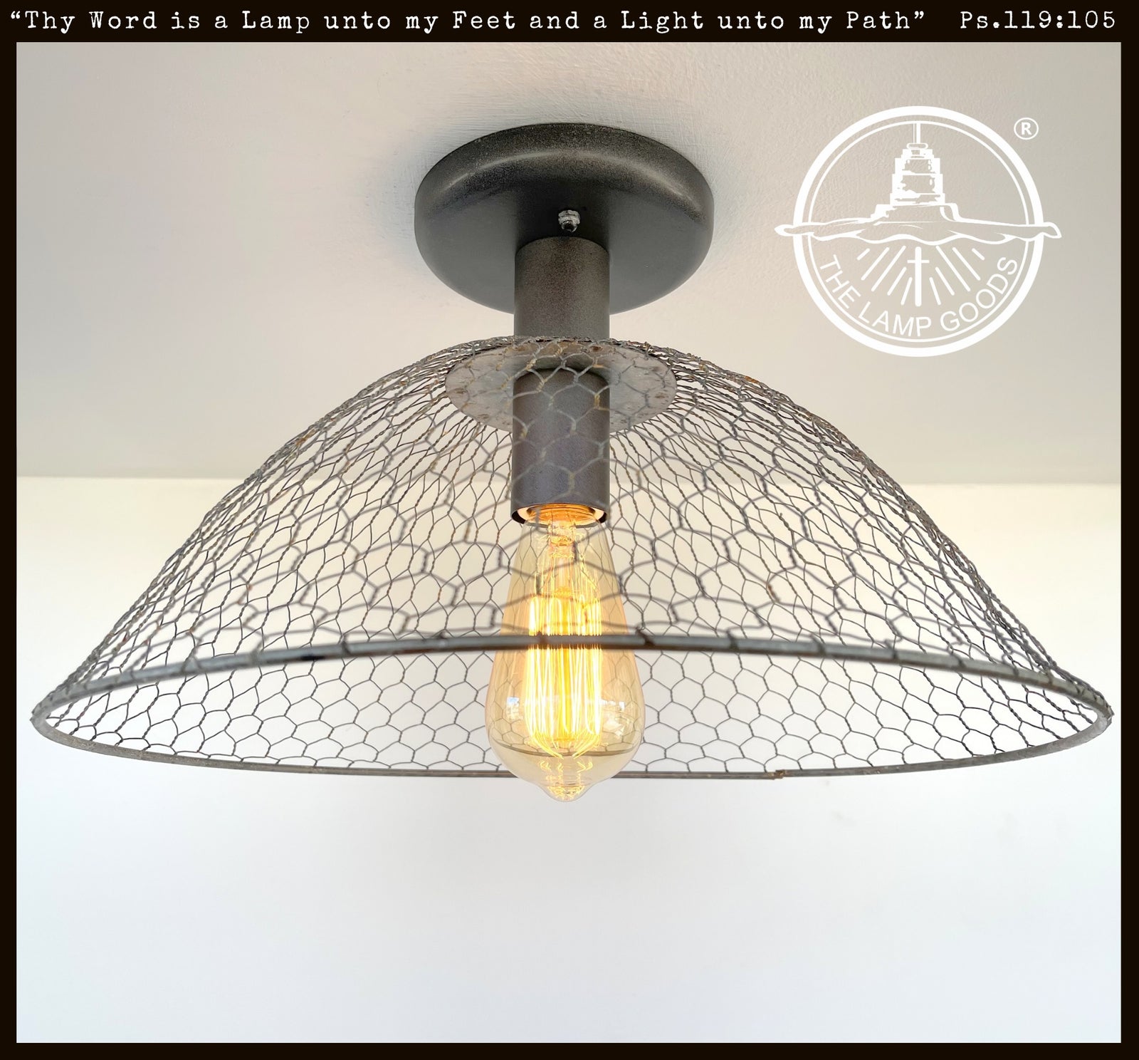 Chicken wire farmhouse ceiling light fixture with Edison bulb; The Lamp Goods.
