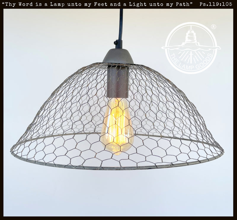 Chicken Wire Farmhouse Pendant Light from The Lamp Goods: Rustic metal shade, Edison bulb.
