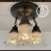 Antique 1930s clear glass hobnail ceiling light fixture with 3 ruffled shades.
