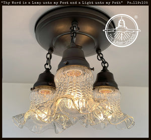 Antique 1930s clear glass hobnail ceiling light fixture with 3 ruffled shades.
