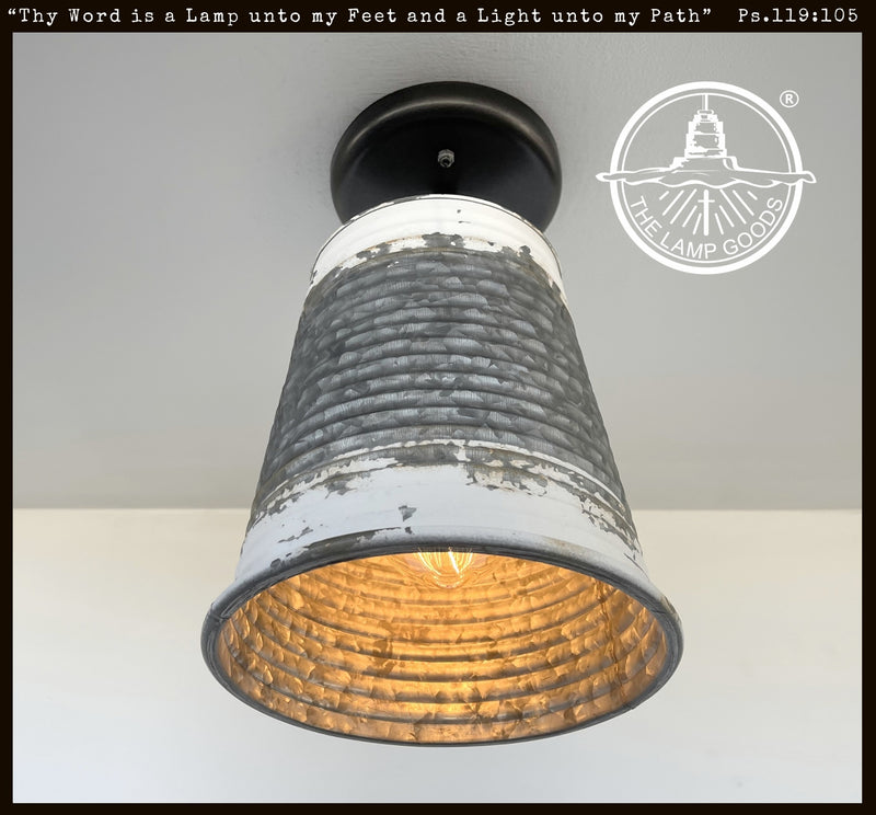 Distressed galvanized metal barn ceiling light; large, corrugated shade with white & gray distressed finish.
