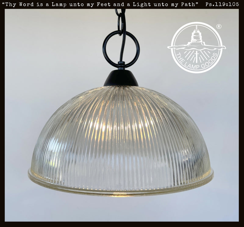 Large Antique Glass 1960's Factory Holophane Pendant Light - The Lamp Goods