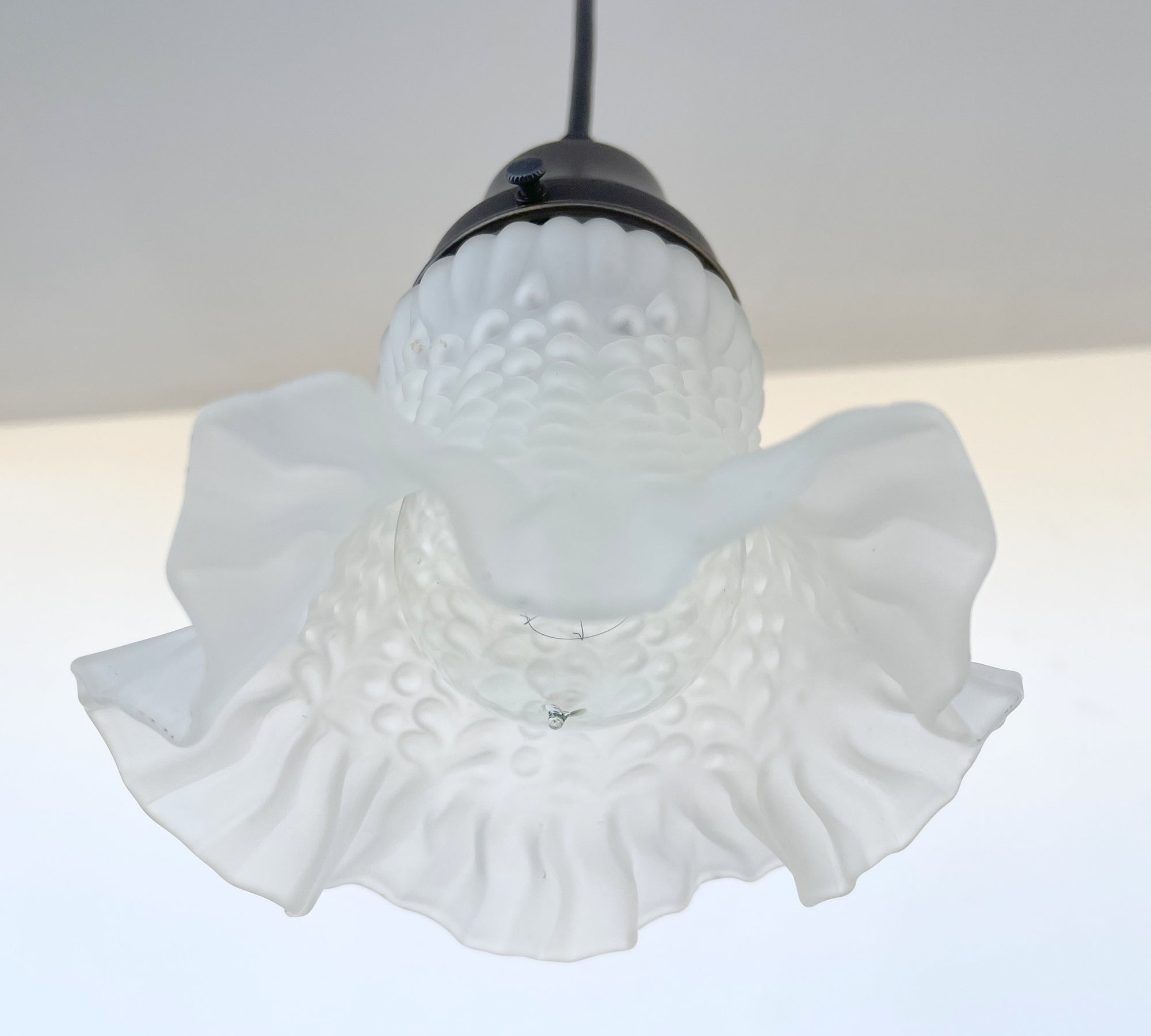 Delicate HOBNAIL RUFFLE 1950's Antique Frosted Glass Pendant