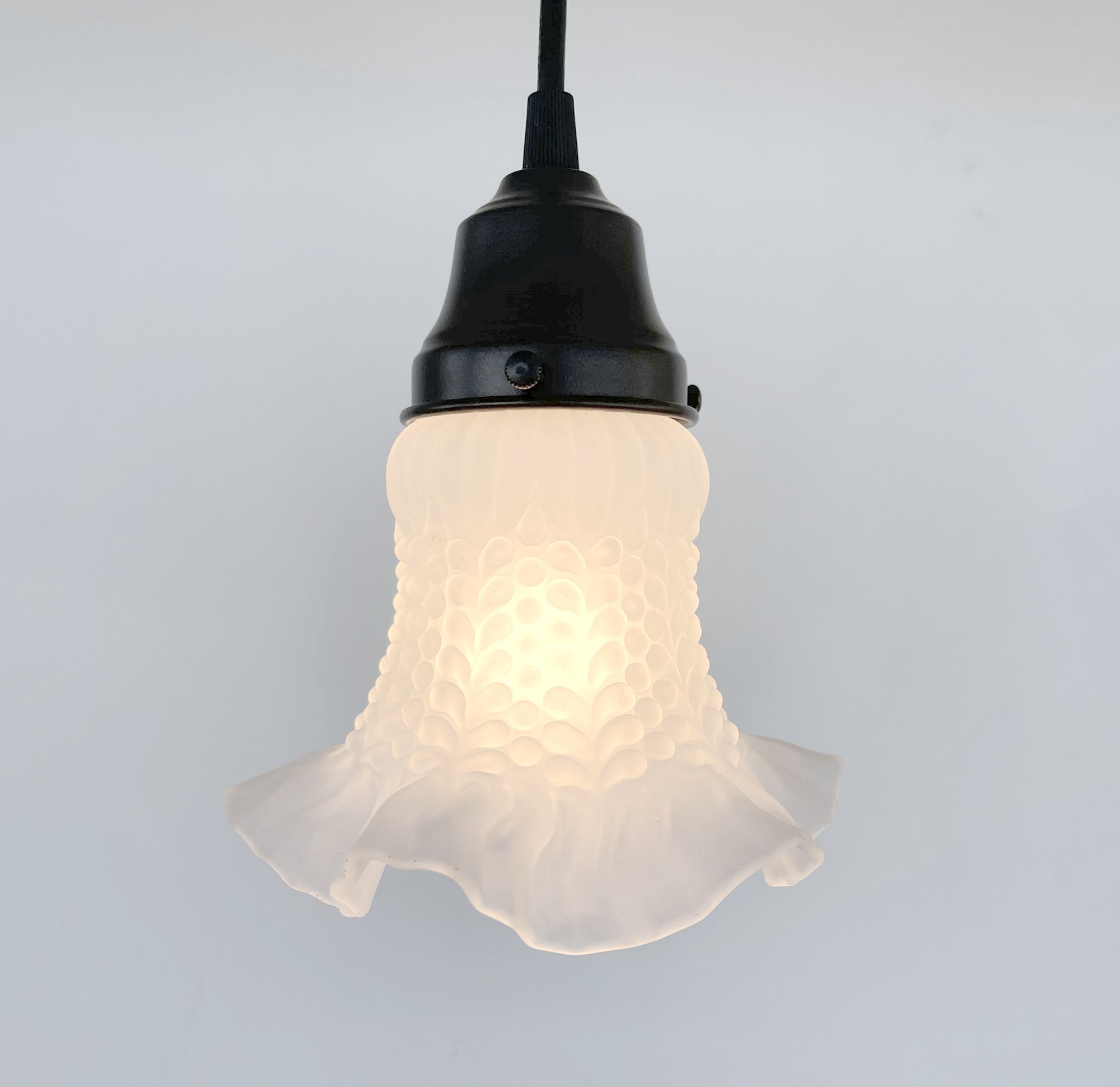 Delicate HOBNAIL RUFFLE 1950's Antique Frosted Glass Pendant