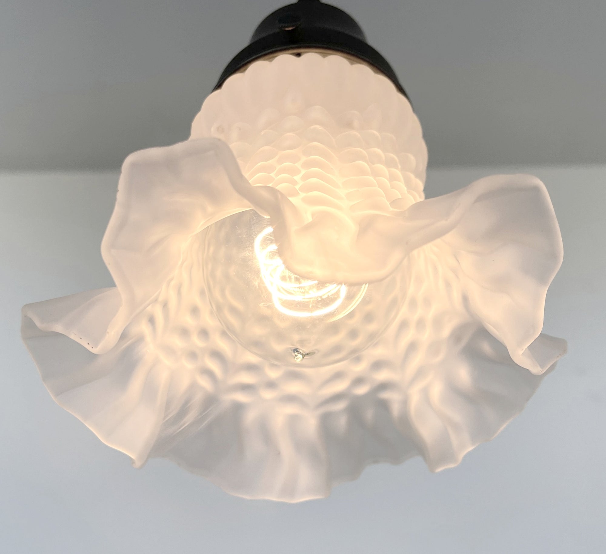 Delicate HOBNAIL RUFFLE 1950's Antique Frosted Glass Pendant