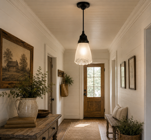 Frosted Ribbed with Clear Floral Base Pendant Light