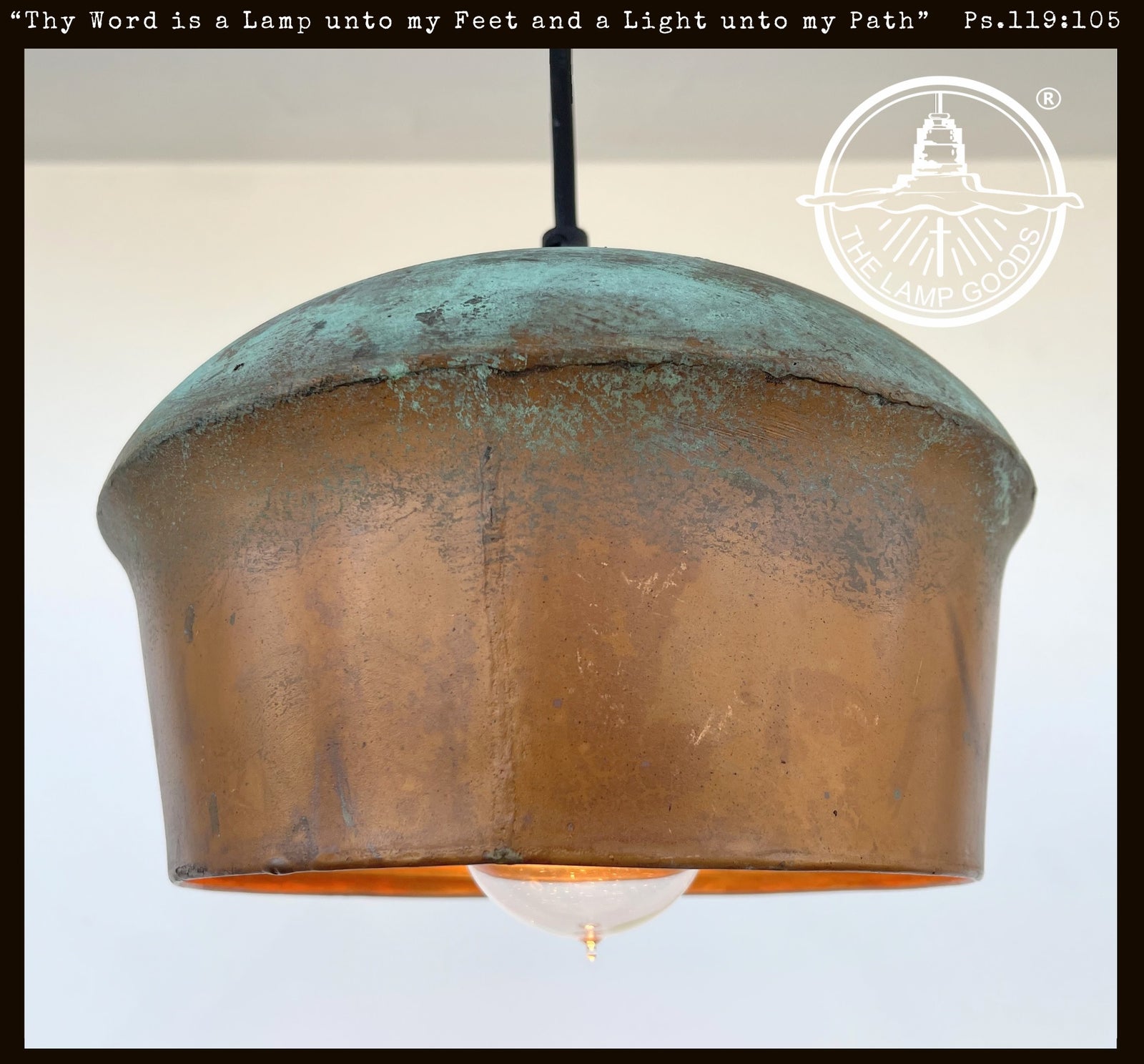 Handcrafted copper pendant light fixture with verdigris patina, from The Lamp Goods.
