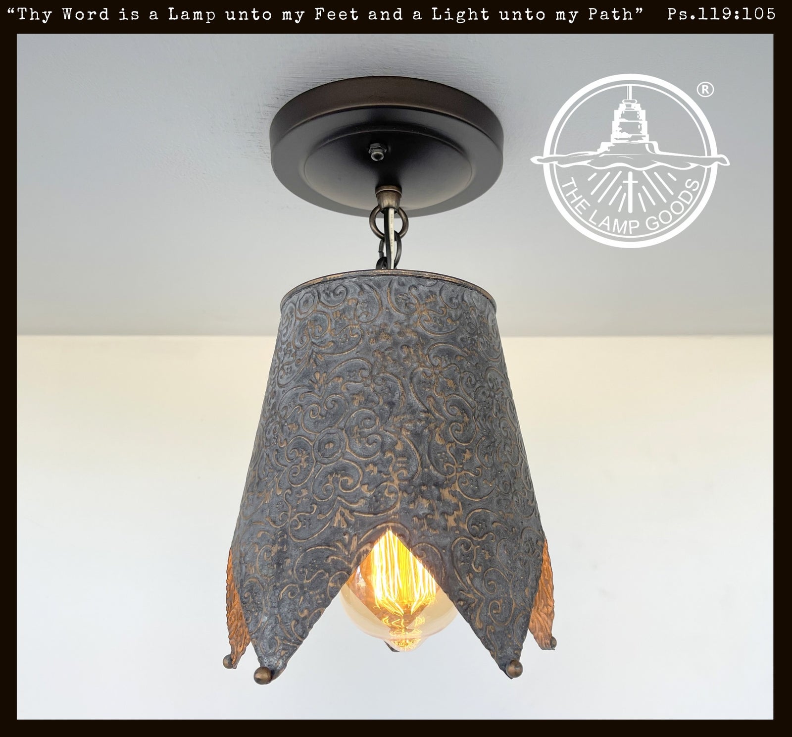 Jubilant Farmhouse Barn Ornate Ceiling Light; metal, bronze & gray, ornate design.
