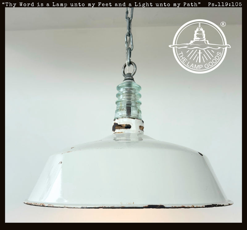 Antique White Enamel Pendant Light with Glass Insulator - The Lamp Goods
