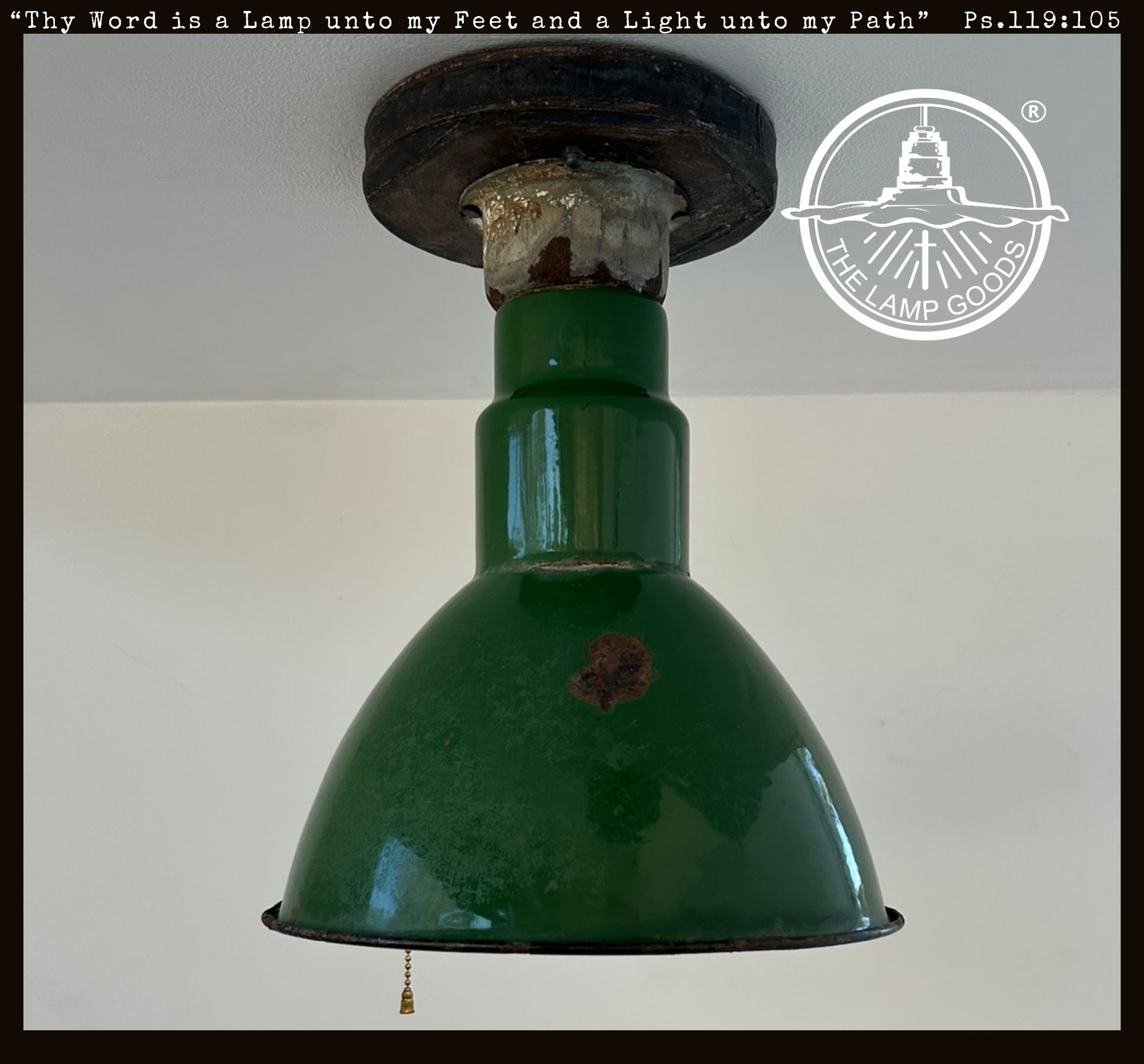 Original Vintage Rustic Industrial Green Enamel Gas Station Ceiling Light