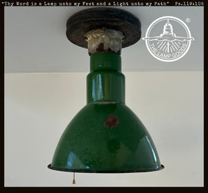 Original Vintage Rustic Industrial Green Enamel Gas Station Ceiling Light