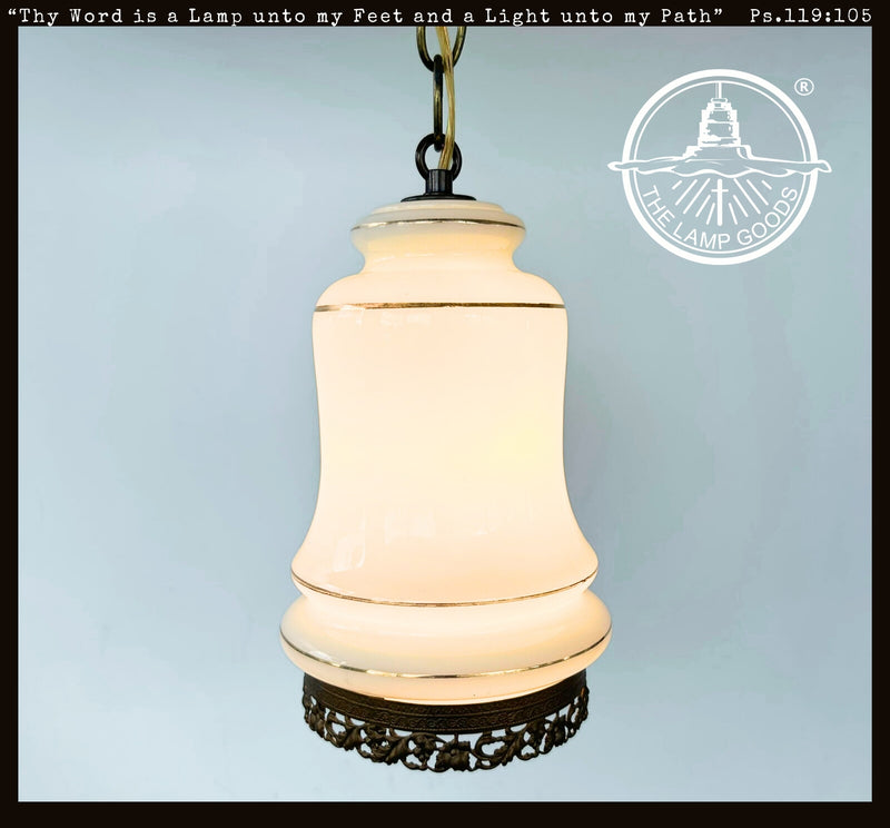 Vintage Milk Glass Gold-Banded Pendant Light with Filigree Base - The Lamp Goods