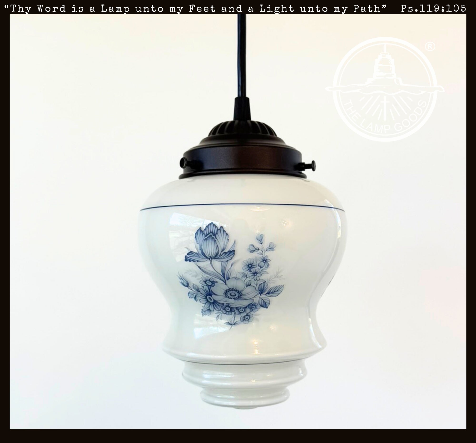 Vintage Blue Floral Milk Glass Pendant Light