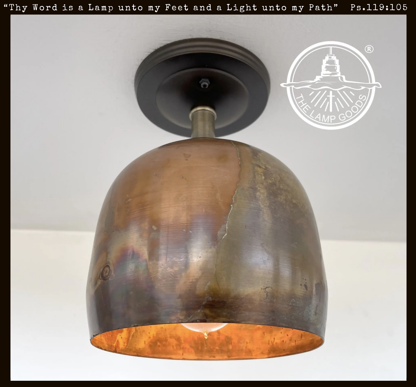 DOME Burnished Copper Ceiling Light: Rustic farmhouse style ceiling fixture with burnished copper shade and black metal canopy.
