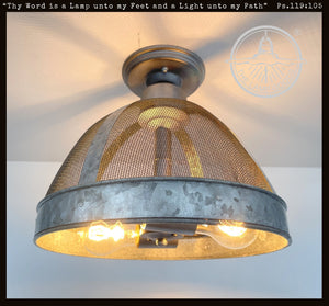 Rustic INDUSTRIAL Galvanized Screen Dome Flush Mount Cage Ceiling Light