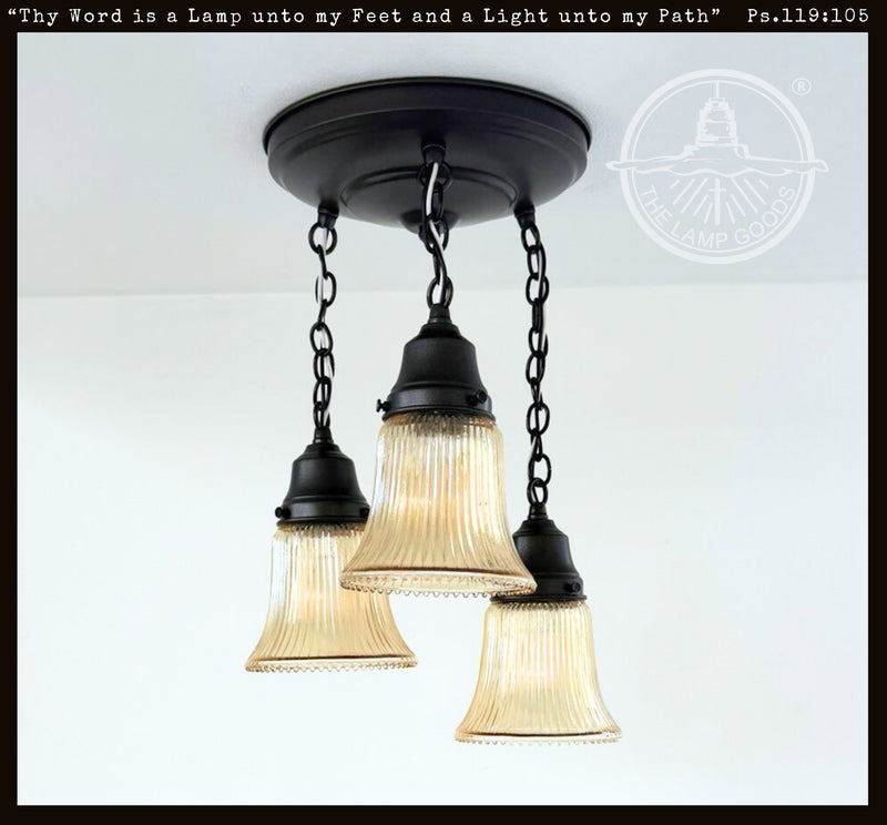 Amber Antique Holophane Glass Ceiling Light Trio - The Lamp Goods