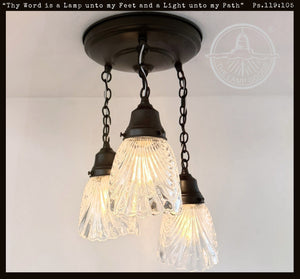 Antique Heavy Pressed Scallop Glass Ceiling Light Trio - The Lamp Goods